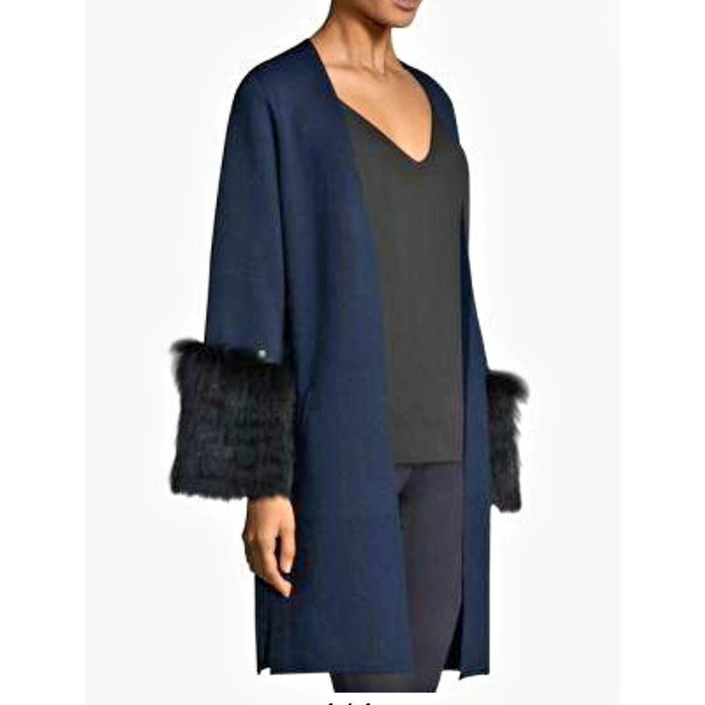 Kobi Halperin Noella Wool-blend Sweater, Fox Fur Cuffs, Navy Blue, size Medium